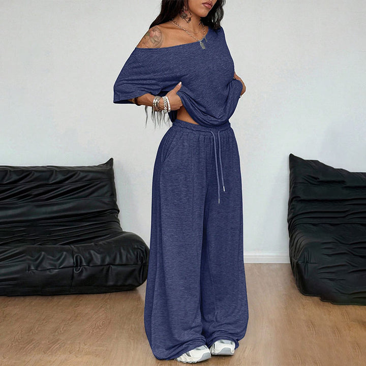 Off-shoulder short-sleeve top and wide-leg trousers set
