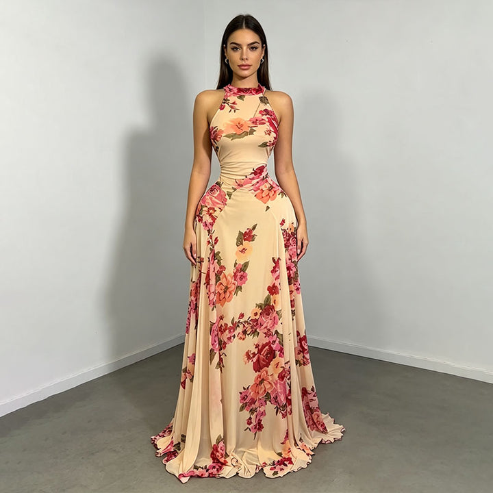 Resort-style printed turtleneck fitted pleated dress