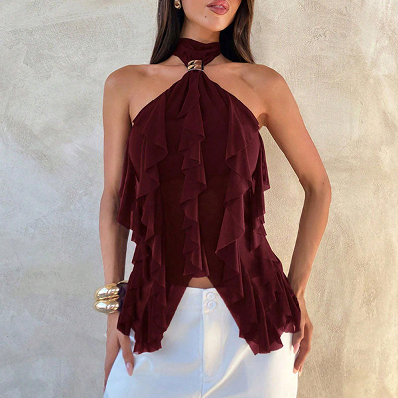 Irregular hem ruffle halter top