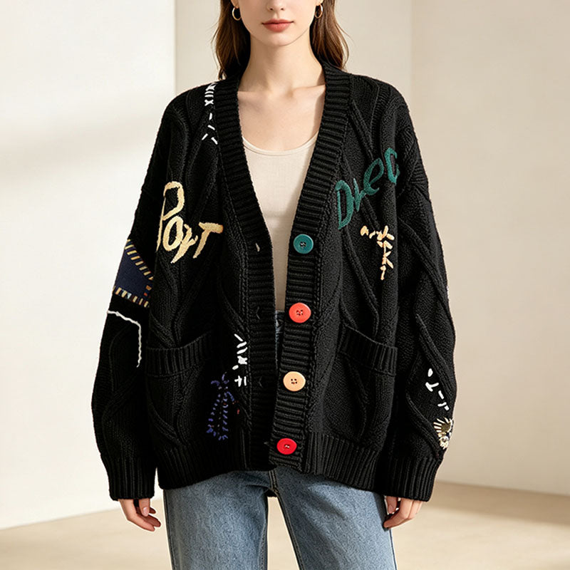 Retro pattern cable knit cardigan