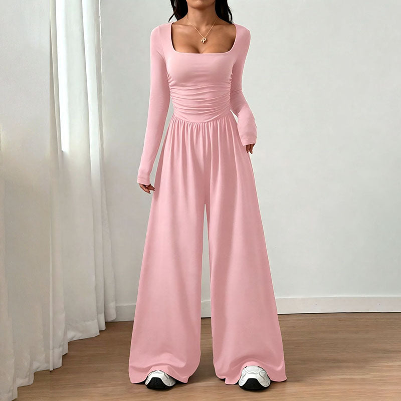 Square neck long sleeves fitted waist wide-leg jumpsuit