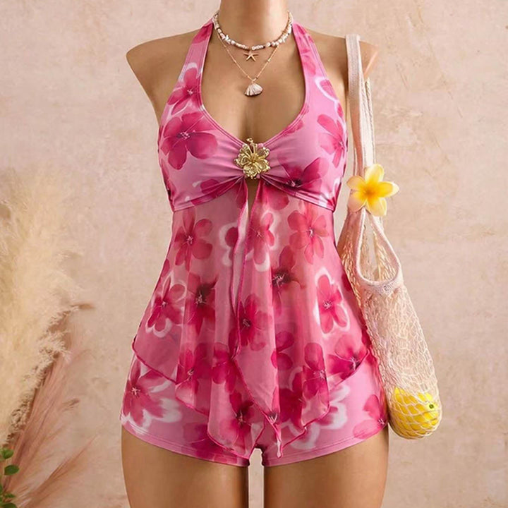 Halter neck deep V mesh swimsuit and swim trunks two-piece set
