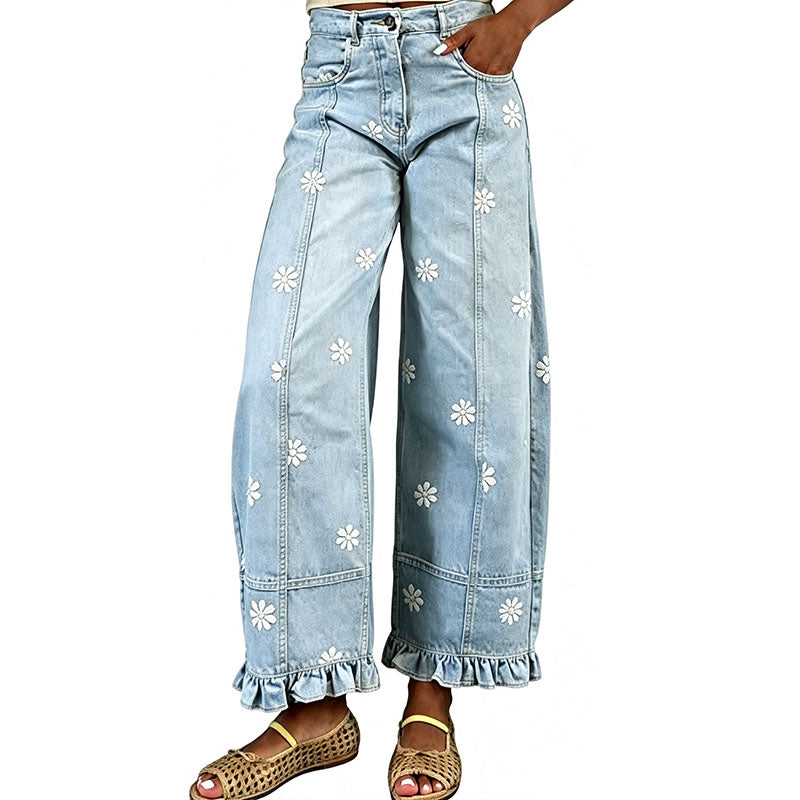 Ruffled floral wide-leg jeans
