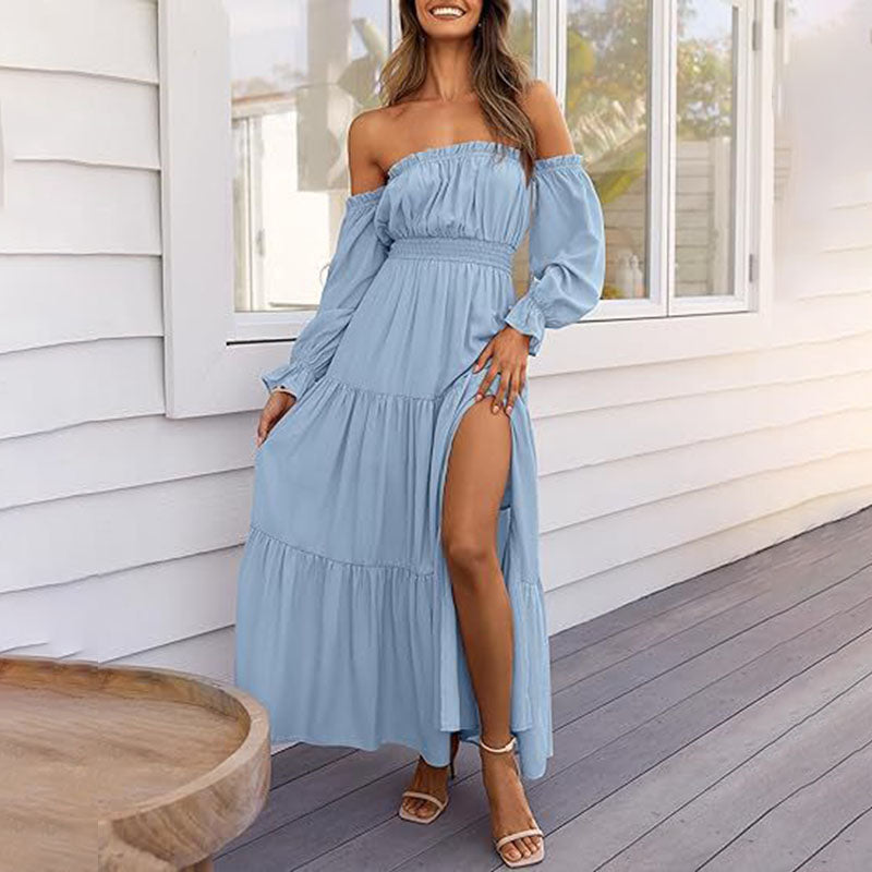Off-shoulder long-sleeved cinched waist layered dress
