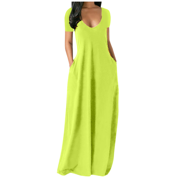 V-neck short-sleeved loose casual long dress