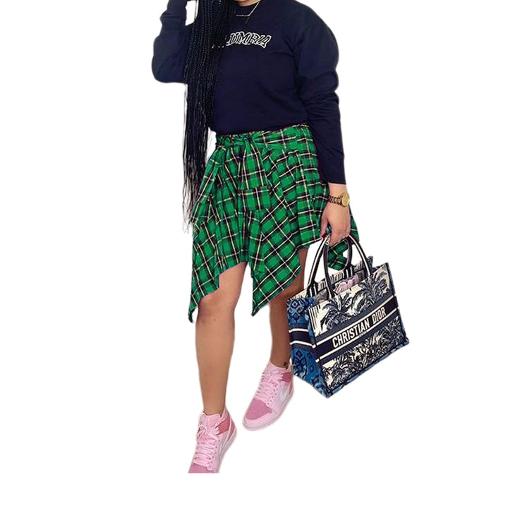 Plaid front-tie irregular hem short skirt