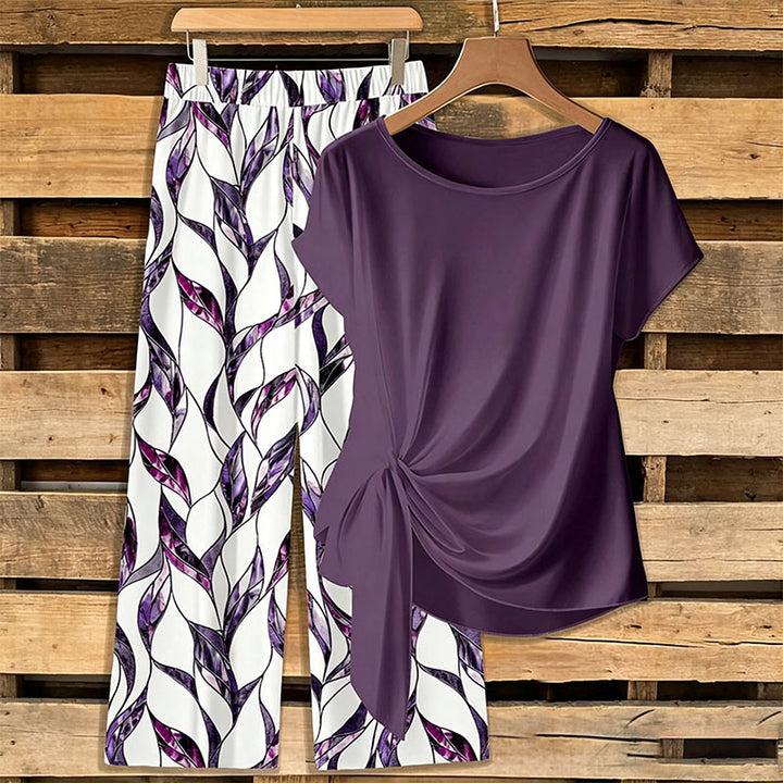 Knot-front short-sleeve top and wide-leg pants set