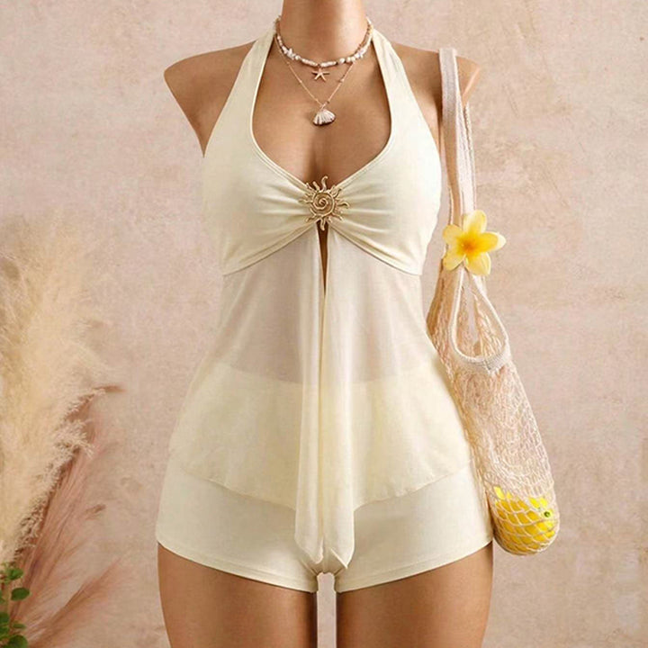 Halter neck deep V mesh swimsuit and swim trunks two-piece set