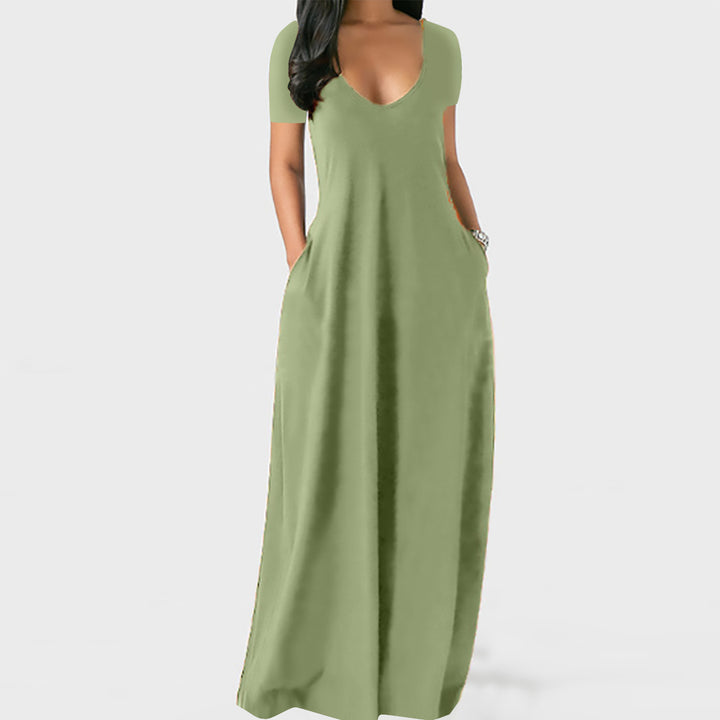 V-neck short-sleeved loose casual long dress