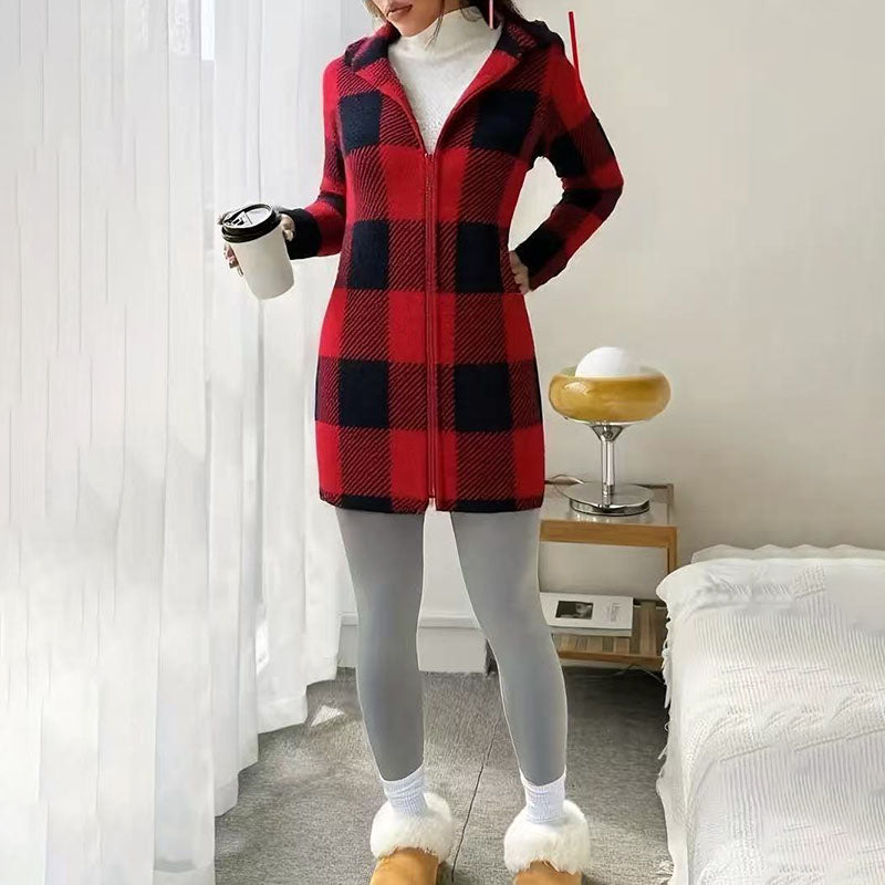 Plaid plush hooded zip-up jacket