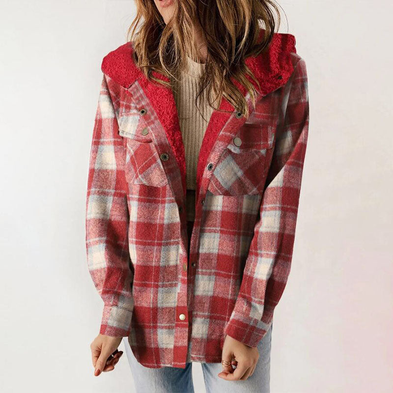 Casual hooded plaid fleece jacket