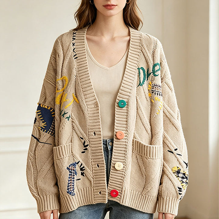 Retro pattern cable knit cardigan