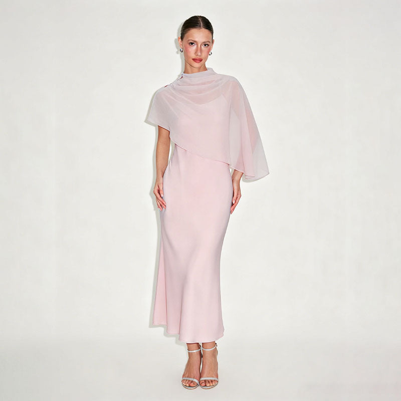 High-neck asymmetrical shawl and camisole dress set