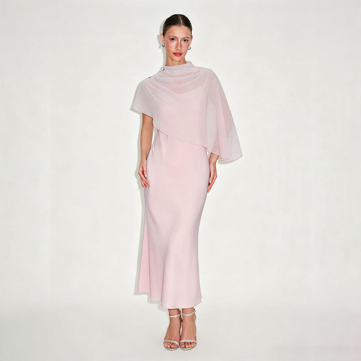 High-neck asymmetrical shawl and camisole dress set