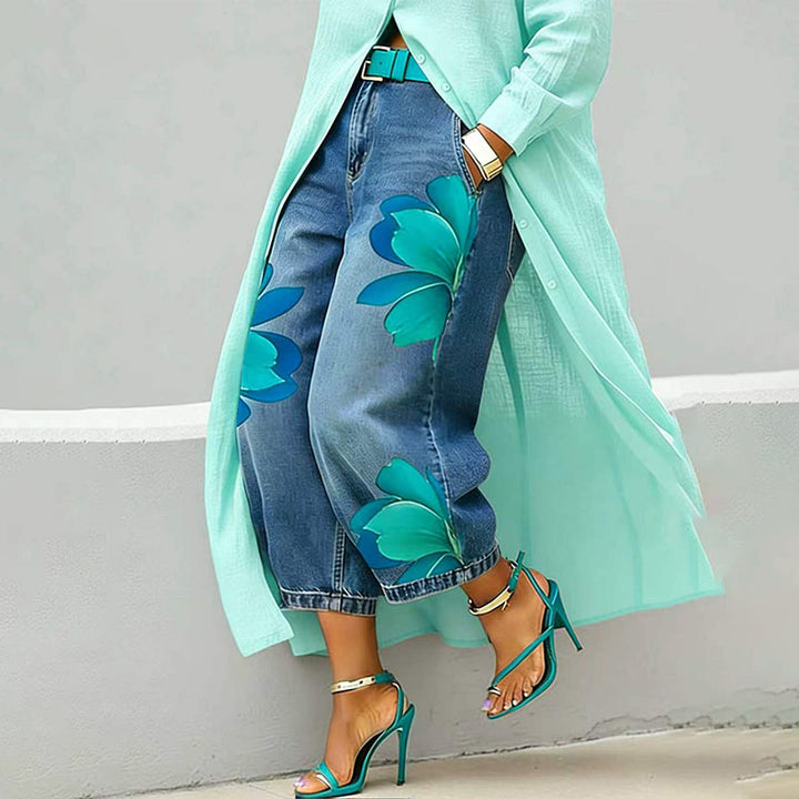Printed straight-leg wide-leg cropped jeans