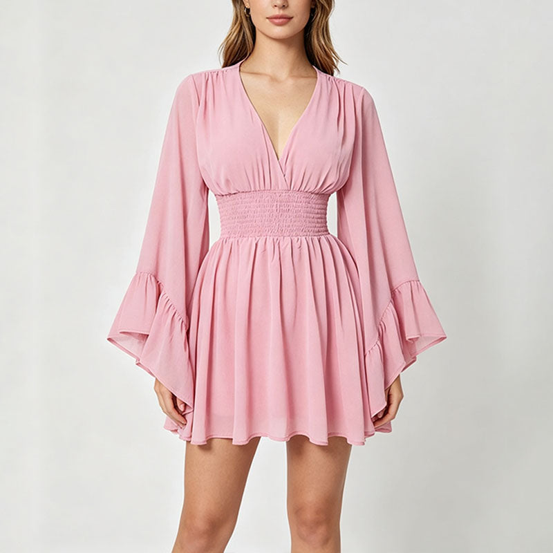 V-neck flared long-sleeved fitted waist dress