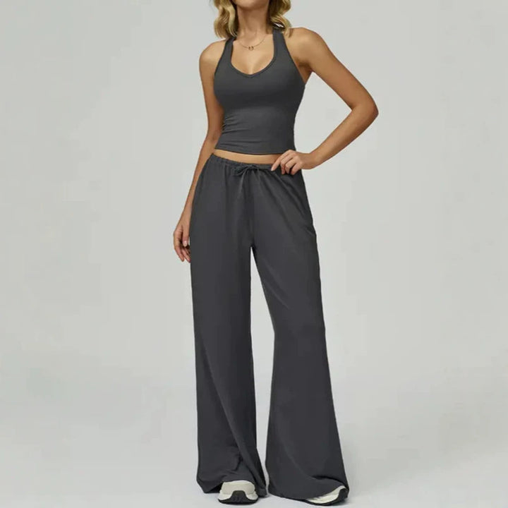 Sporty halter neck top and drawstring pants two-piece set