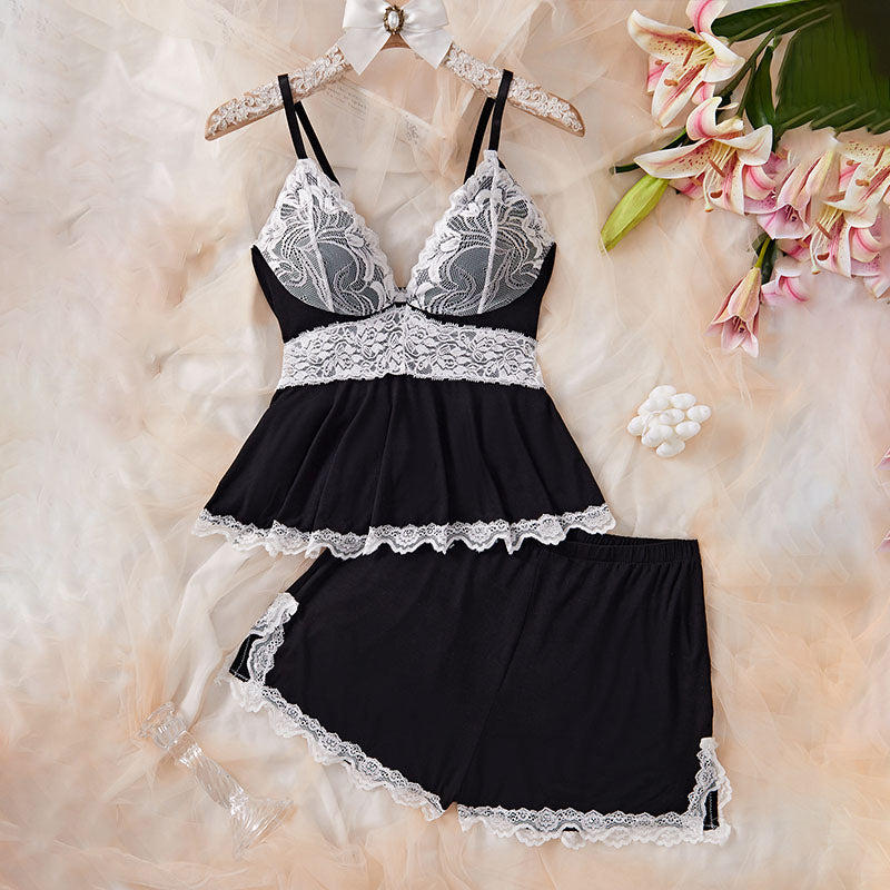 V-neck lace camisole and shorts pajama set