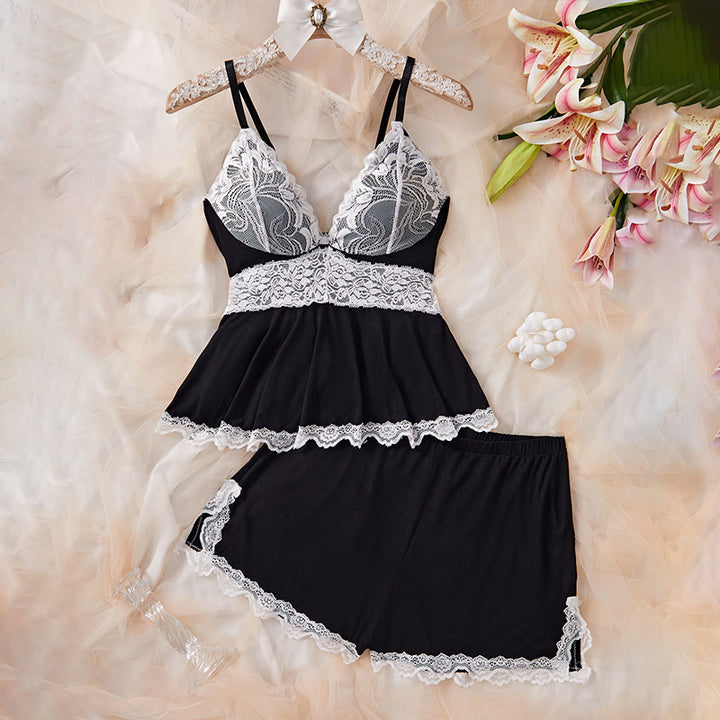 V-neck lace camisole and shorts pajama set
