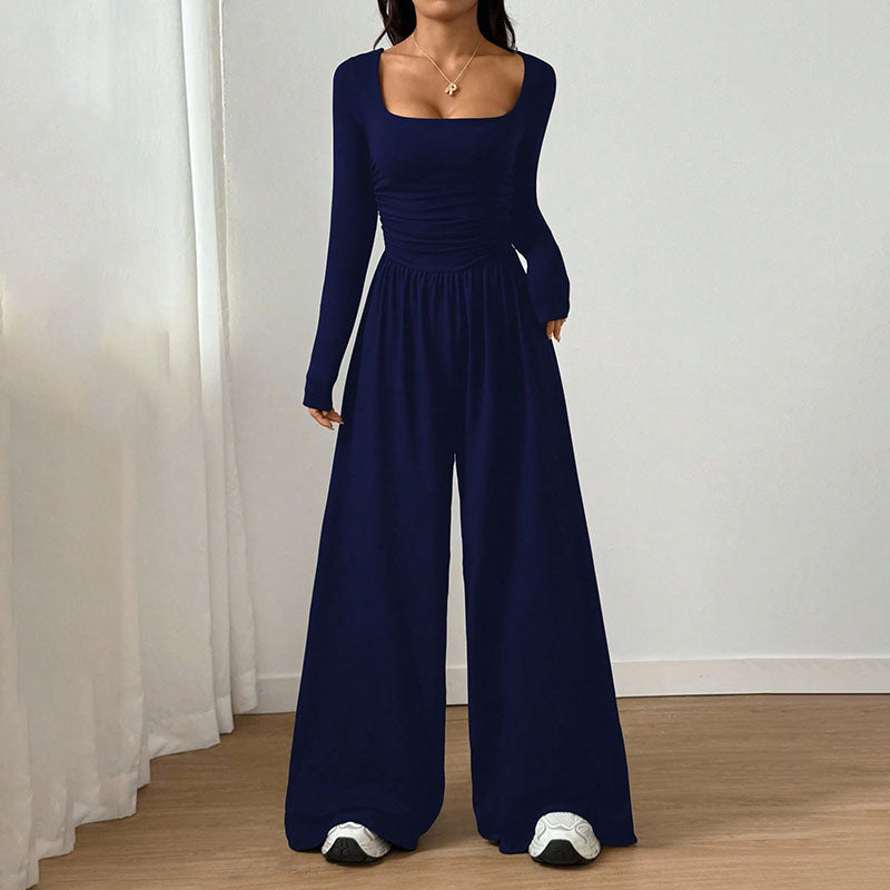 Square neck long sleeves fitted waist wide-leg jumpsuit