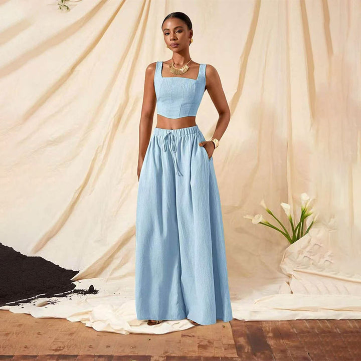 Square-neck cropped top and wide-leg trousers set