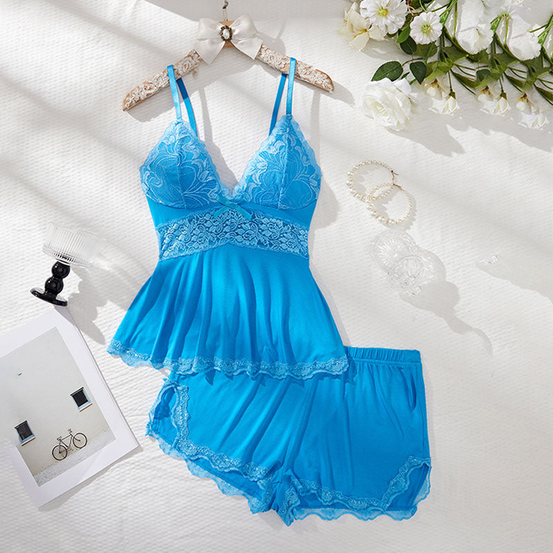 V-neck lace camisole and shorts pajama set