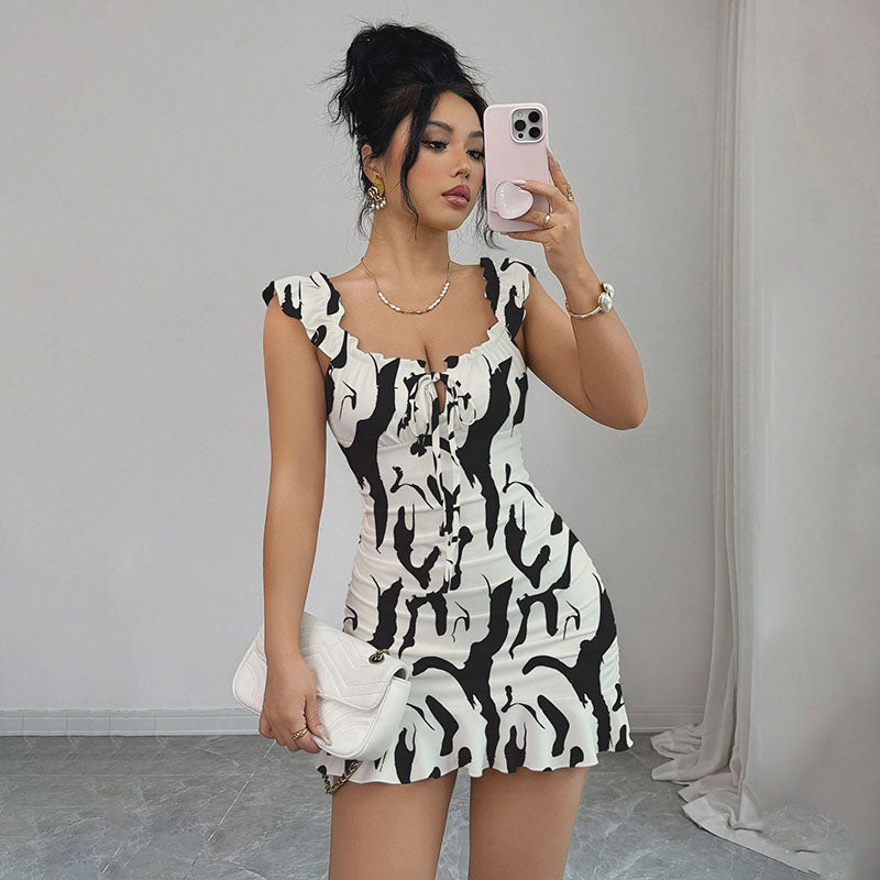 Front-Lace-Up Ruffled Waist-Cinched Slim-Fit Dress