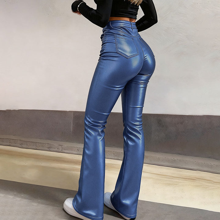 High-waisted stretch slim-fit flared leather pants