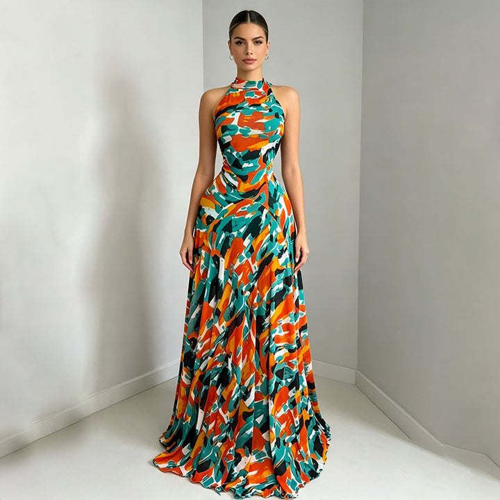 Resort-style printed turtleneck fitted pleated dress
