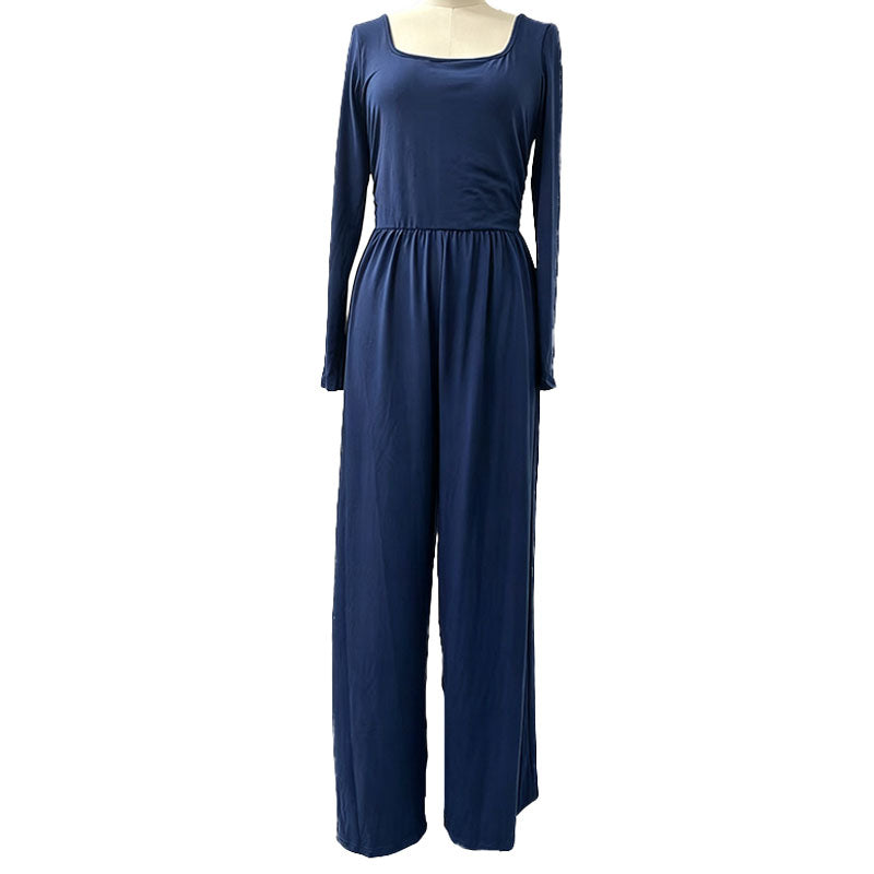 Square neck long sleeves fitted waist wide-leg jumpsuit