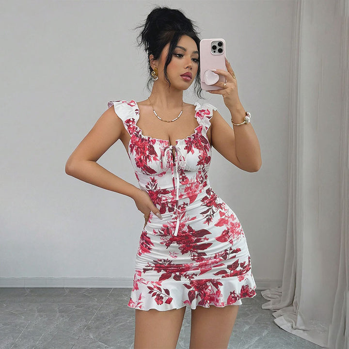 Front-Lace-Up Ruffled Waist-Cinched Slim-Fit Dress