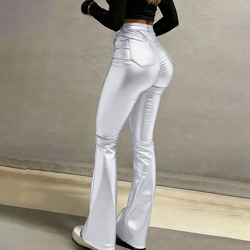 High-waisted stretch slim-fit flared leather pants