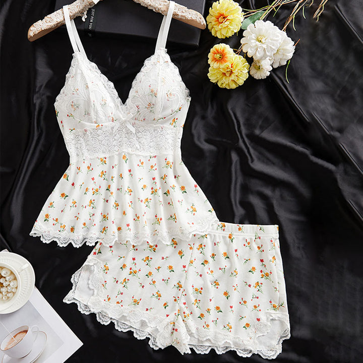 V-neck lace camisole and shorts pajama set