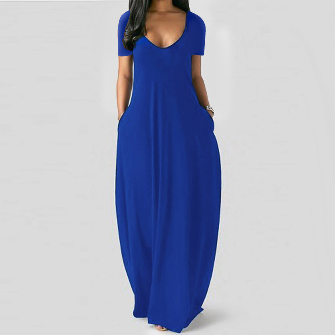 V-neck short-sleeved loose casual long dress