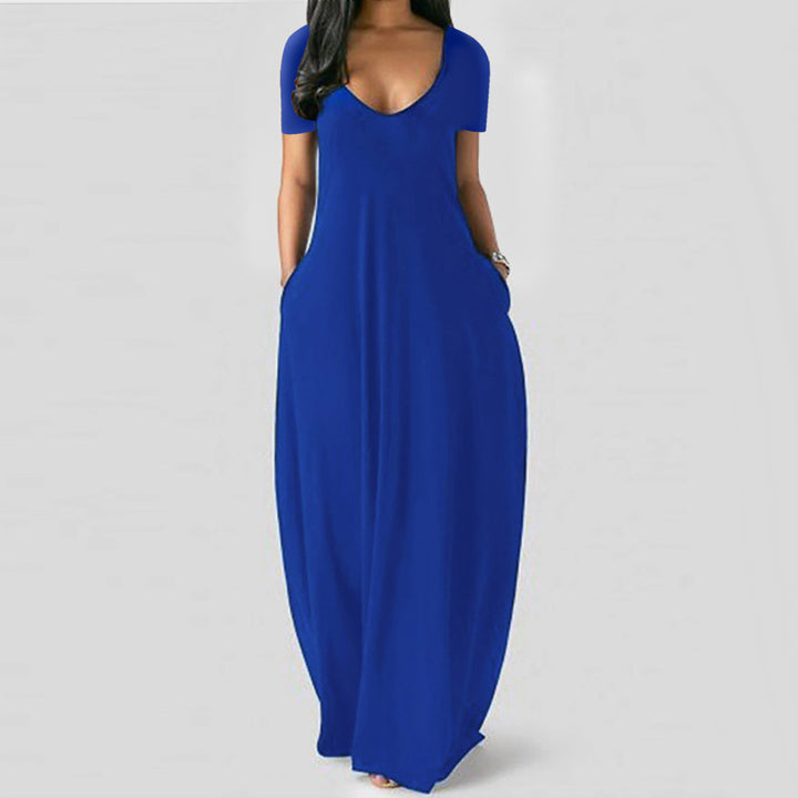 V-neck short-sleeved loose casual long dress
