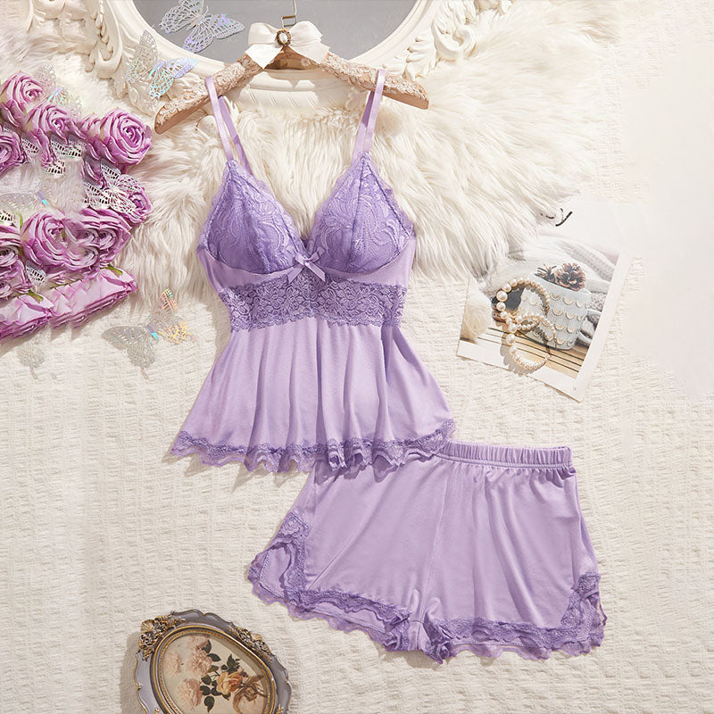 V-neck lace camisole and shorts pajama set