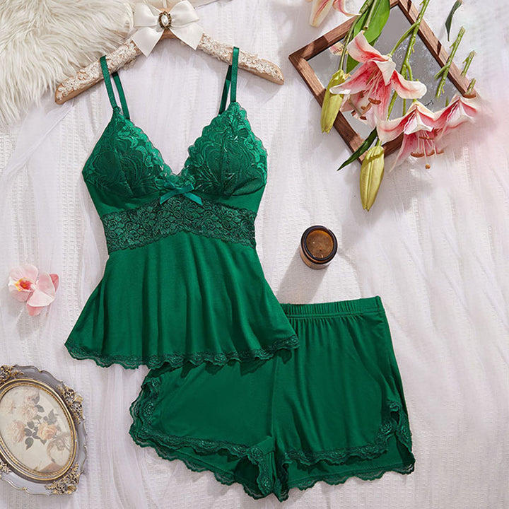 V-neck lace camisole and shorts pajama set