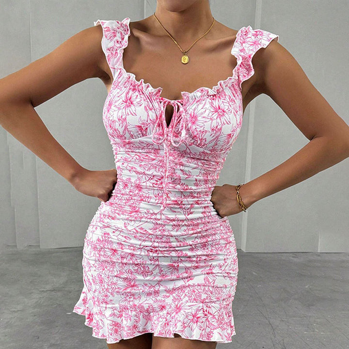 Front-Lace-Up Ruffled Waist-Cinched Slim-Fit Dress