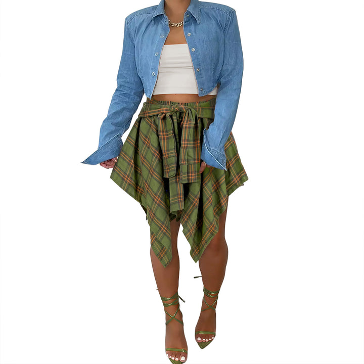 Plaid front-tie irregular hem short skirt