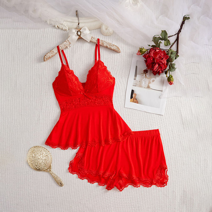 V-neck lace camisole and shorts pajama set