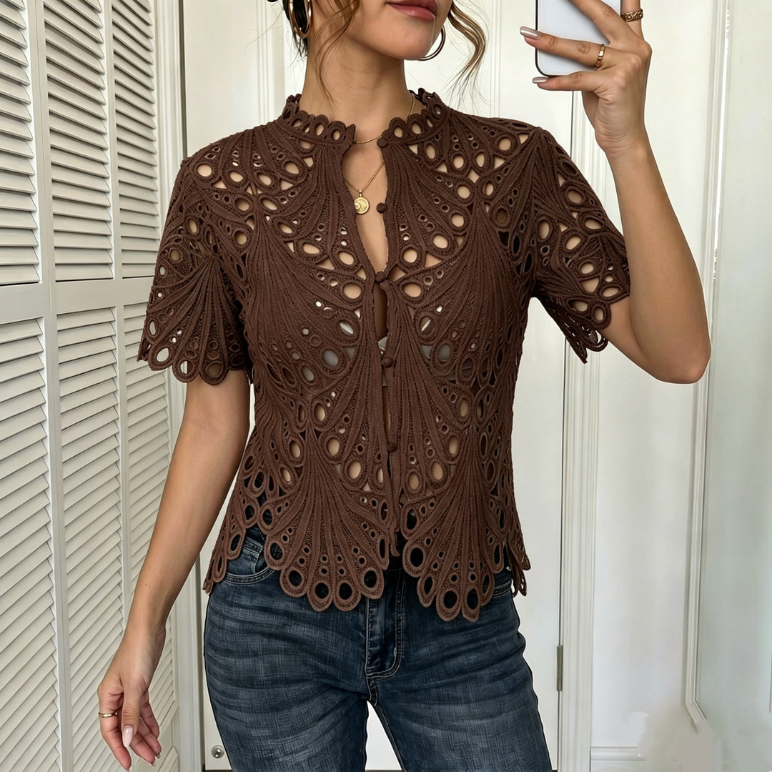Hollowed-out lace fan-shaped hem top
