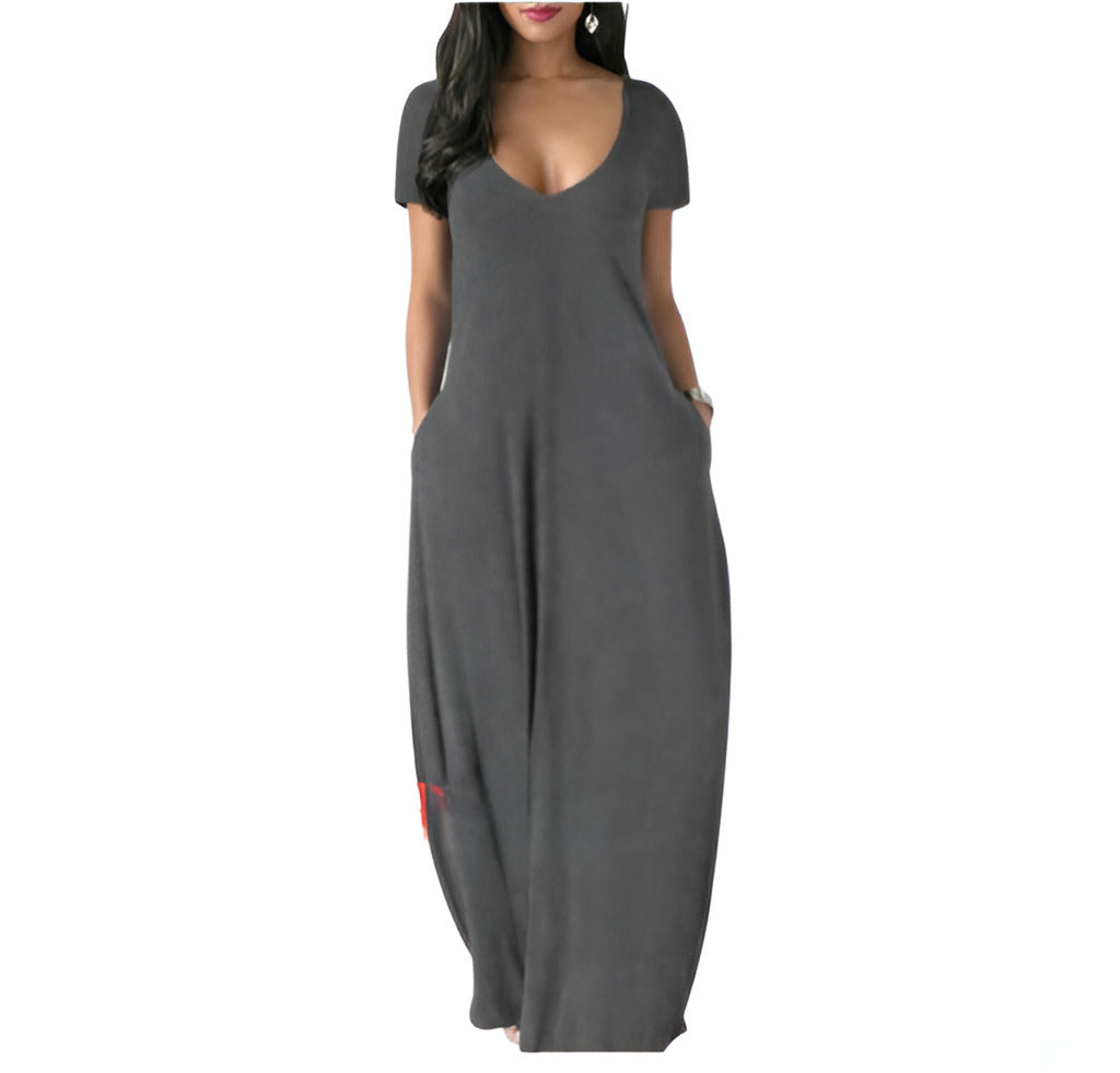 V-neck short-sleeved loose casual long dress
