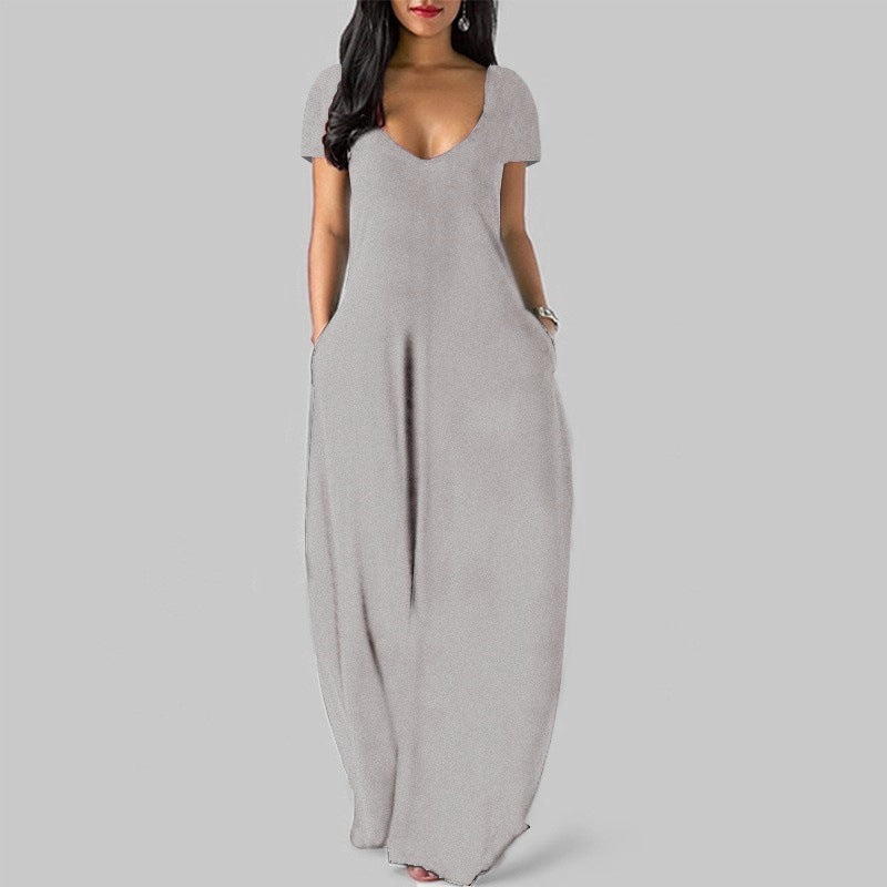 V-neck short-sleeved loose casual long dress