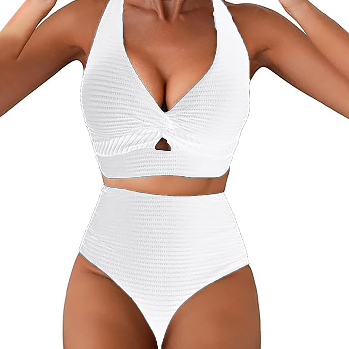 Front-twisted high-waisted textured two-piece swimsuit