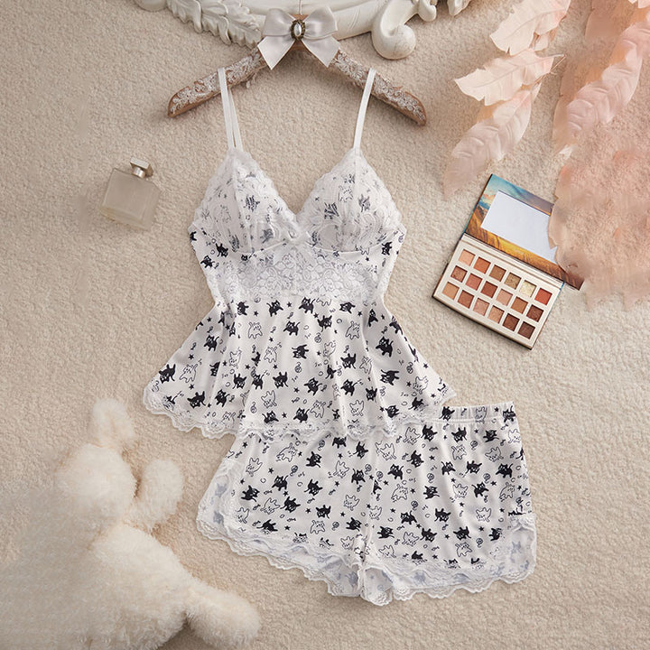 V-neck lace camisole and shorts pajama set
