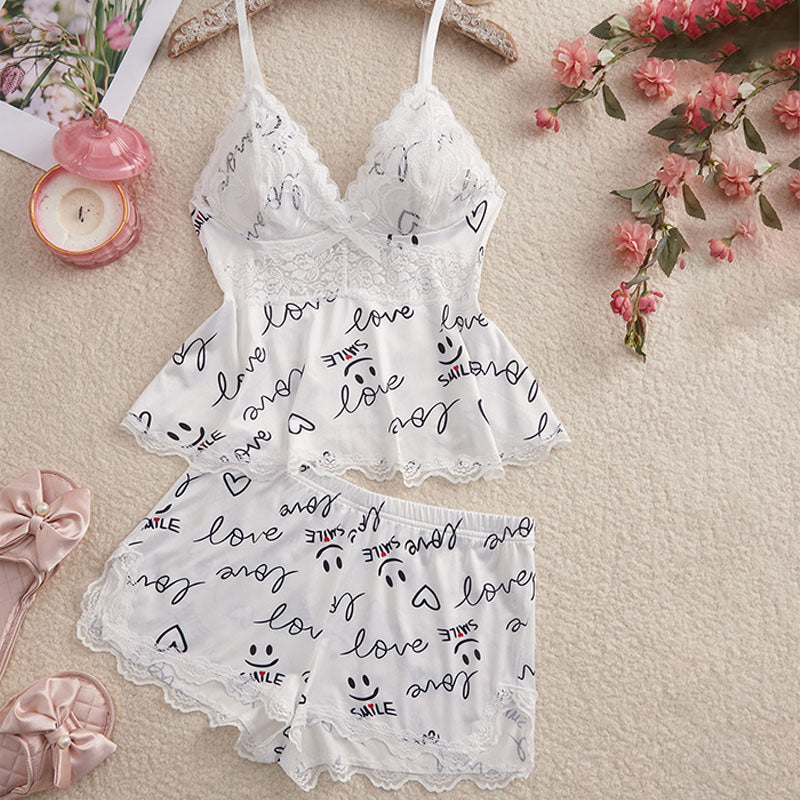V-neck lace camisole and shorts pajama set