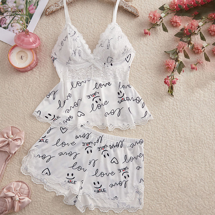 V-neck lace camisole and shorts pajama set