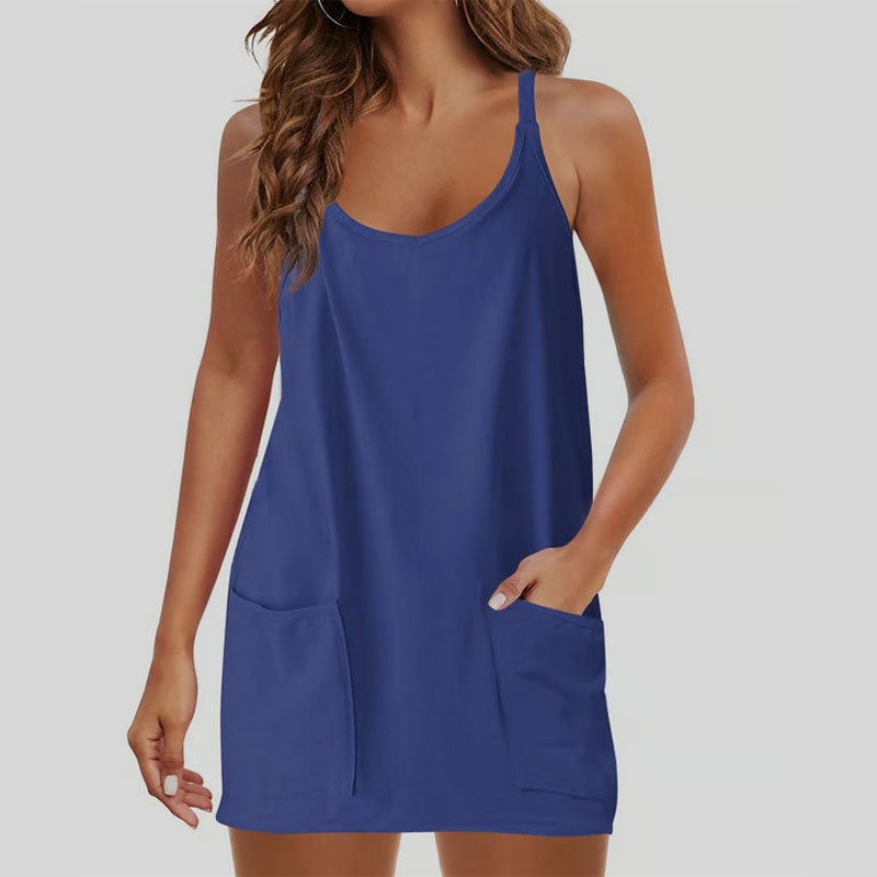 Thin-strapped U-neck suspender jumpsuit shorts