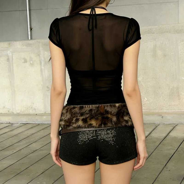 Cut-out mesh fitted cropped top