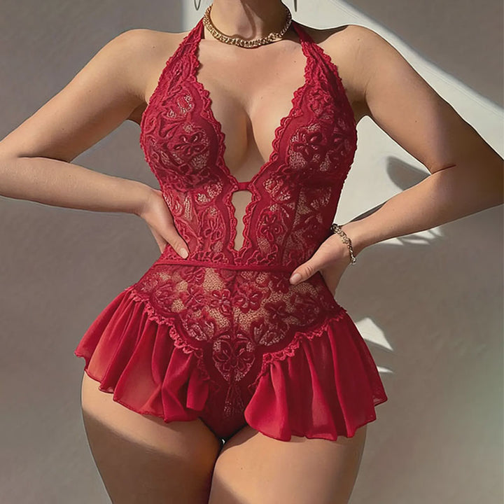 Ruffled mesh hem lace bodysuit nightgown